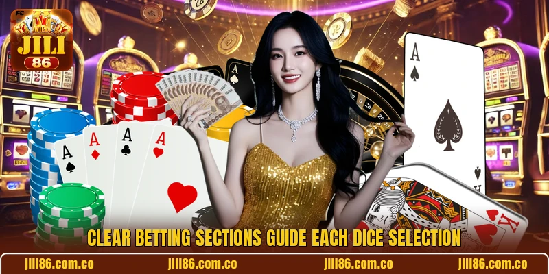 Clear betting sections guide each dice selection